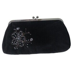 EXPRESS Black Velvet Sequin Applique Clutch Bag PM Purse Silver Frame Ki…